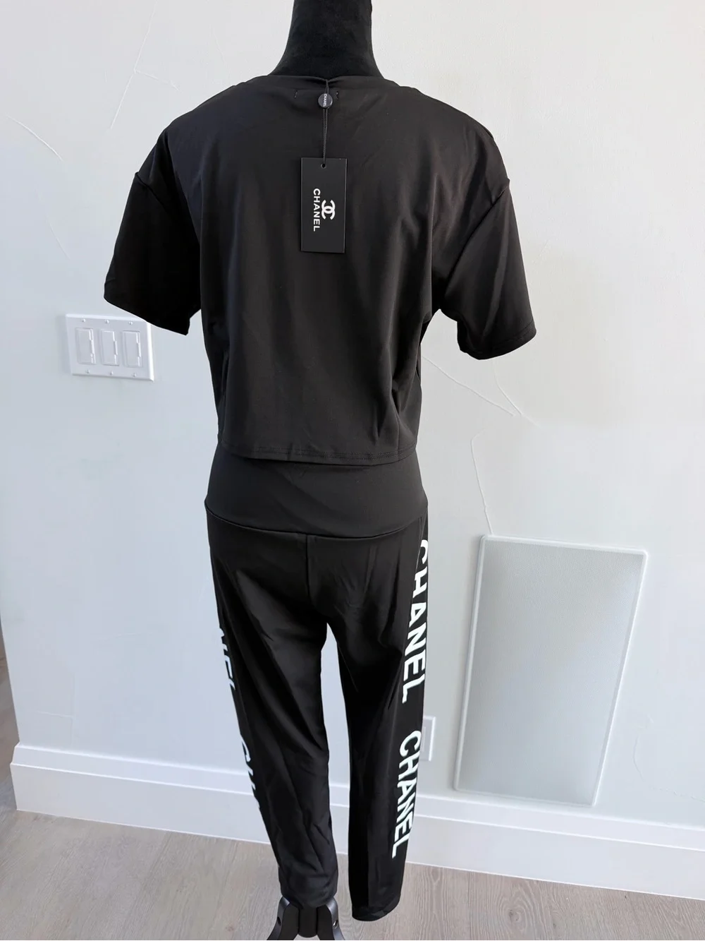 Chanel Black Logo Cropped Top & High-Waist Pants Set size L